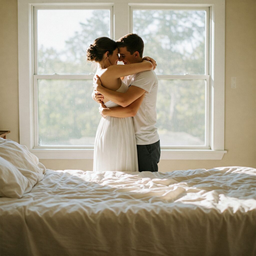 Happy couple closing with each other after Men Shockwave therapy in Ontario
