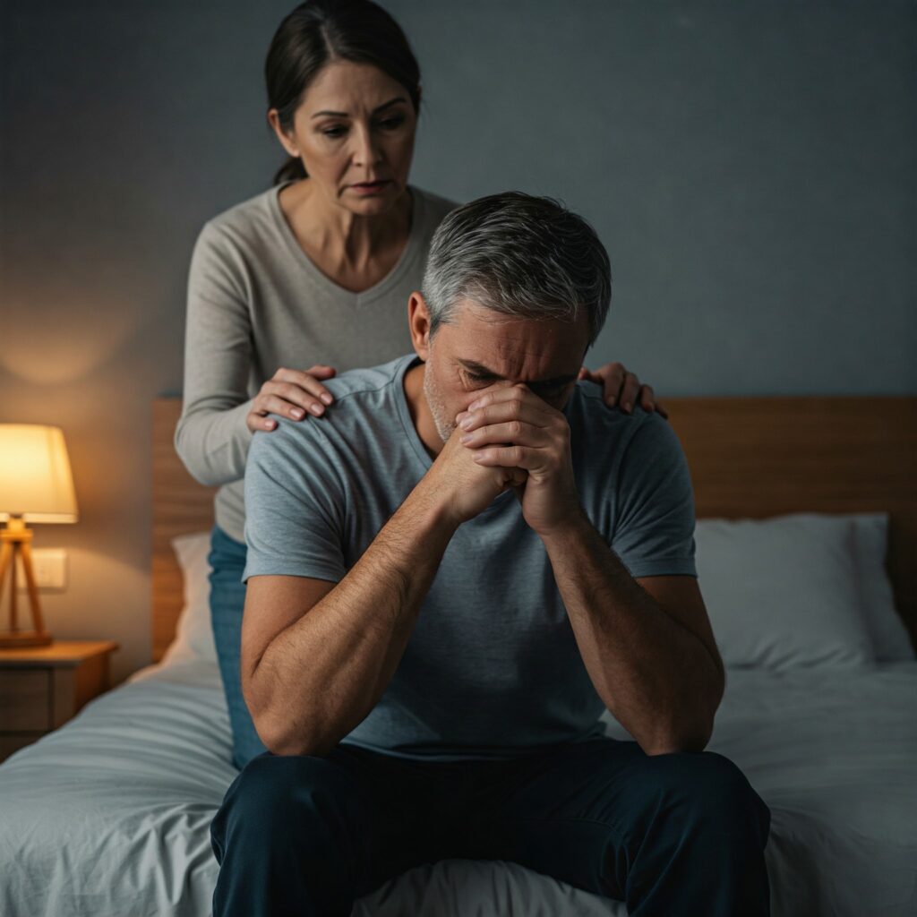 Man is depressed due to his Erectile dysfunction and his wife backing him.