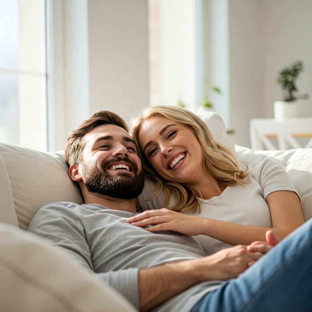 Very happy couple lying on the sofa and smiling after sexual health therapy