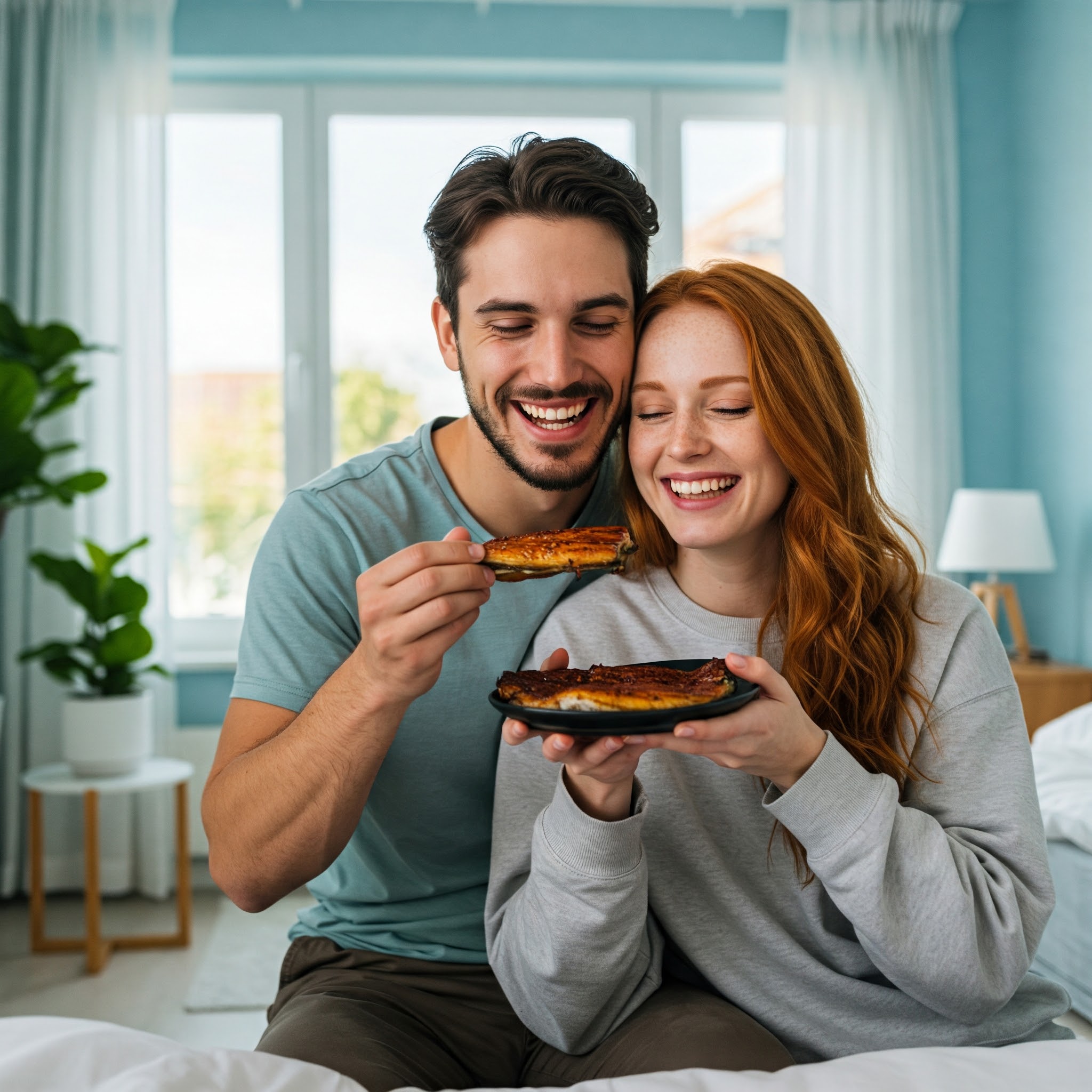 Young happy couple eating food eel boost sexual stamina in Ontario Canada.