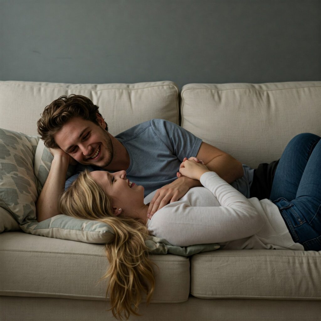 happy couple on the sofa after the sexual health treatment in Ontario