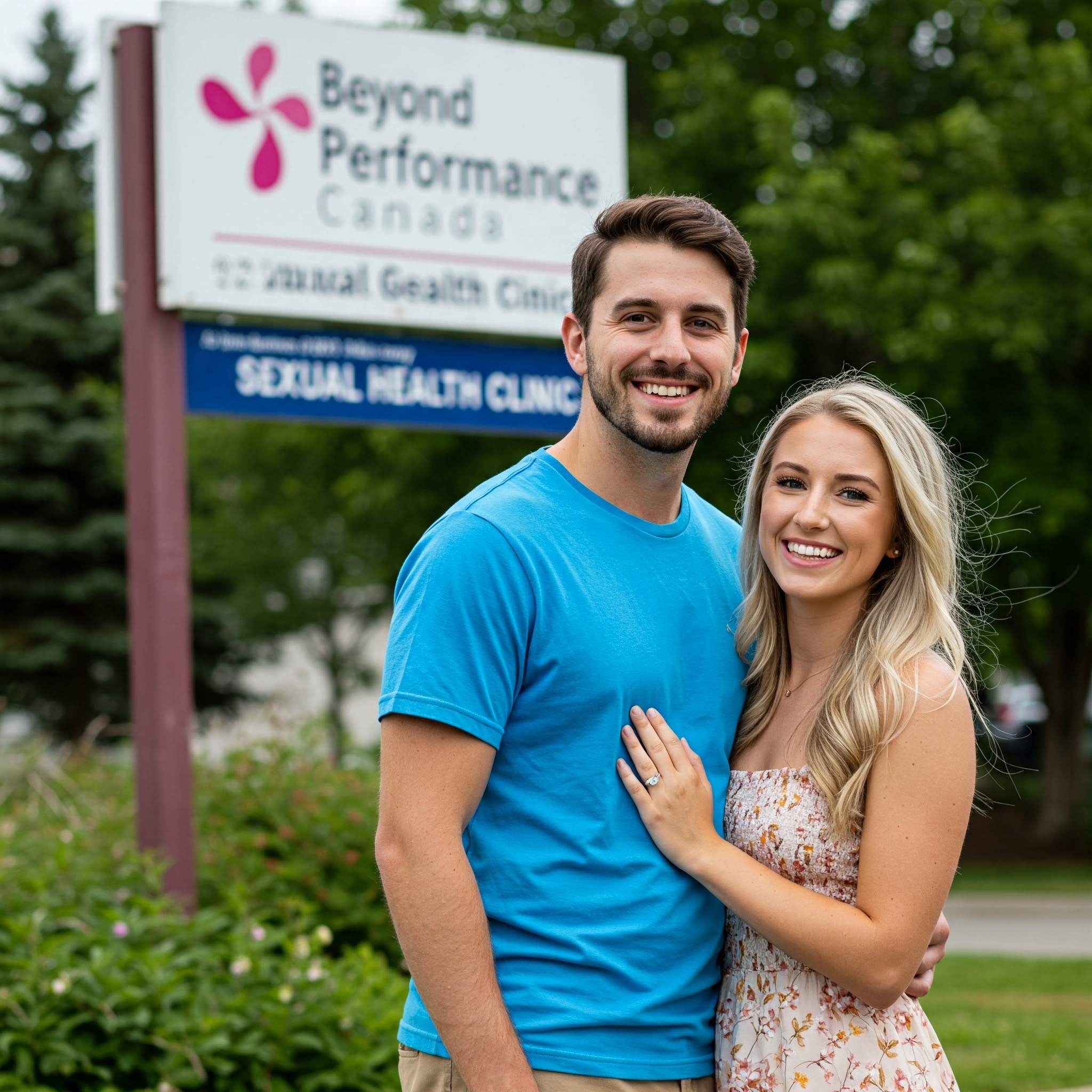 happy couple standing outside the Beyond Performance Canada - Non-Invasive Sexual Wellness Treatments