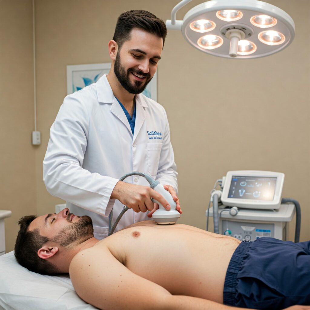 health doctor doing the treatment of male patient of his Non-invasive ED
