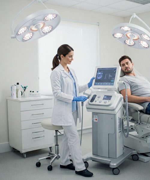 Female doctor doing the treatment of SoftWave Therapy for ED in Ontario.