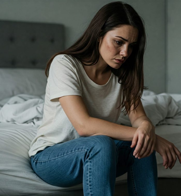 woman sitting at bed is sad due to her arousal enhancement issue.